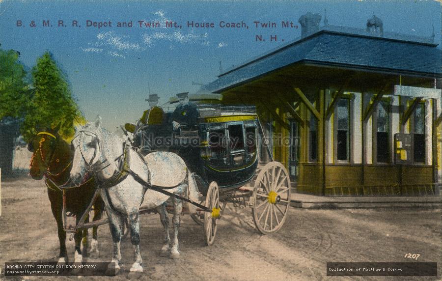 Postcard: Boston & Maine Railroad Depot and Twin Mountain House Coach, Twin Mountain, New Hampshire